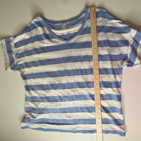 Chicos Striped Tee Size 3 XL Blue Linen V-Neck Relaxed Stretch Comfy Lightweight - Picture 7 of 8